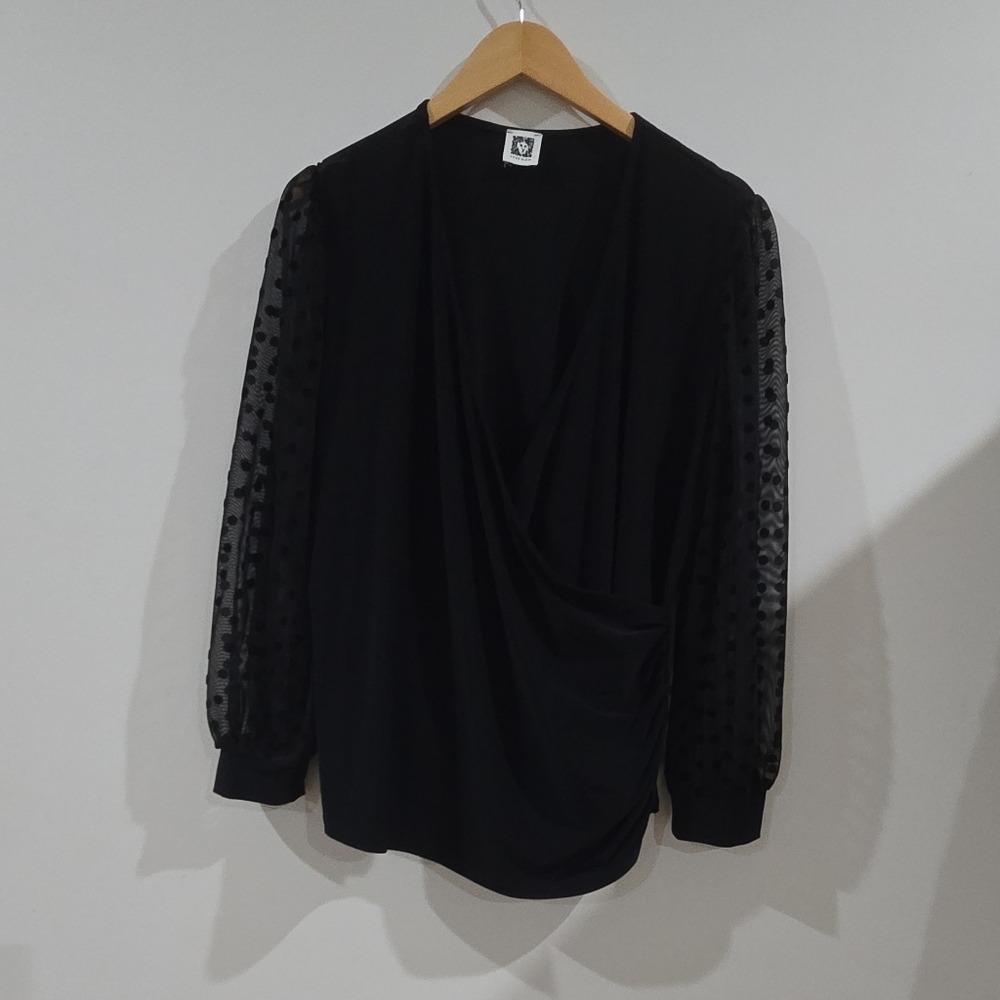 Anne Klein Black Mesh Polka Dot Sheer Sleeve Draped Pullover Blouse V-Neck- Xl